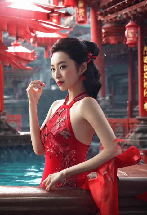 oriental girl，pool，Red cheongsam swimsuit