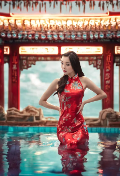 oriental girl，pool，Red cheongsam swimsuit