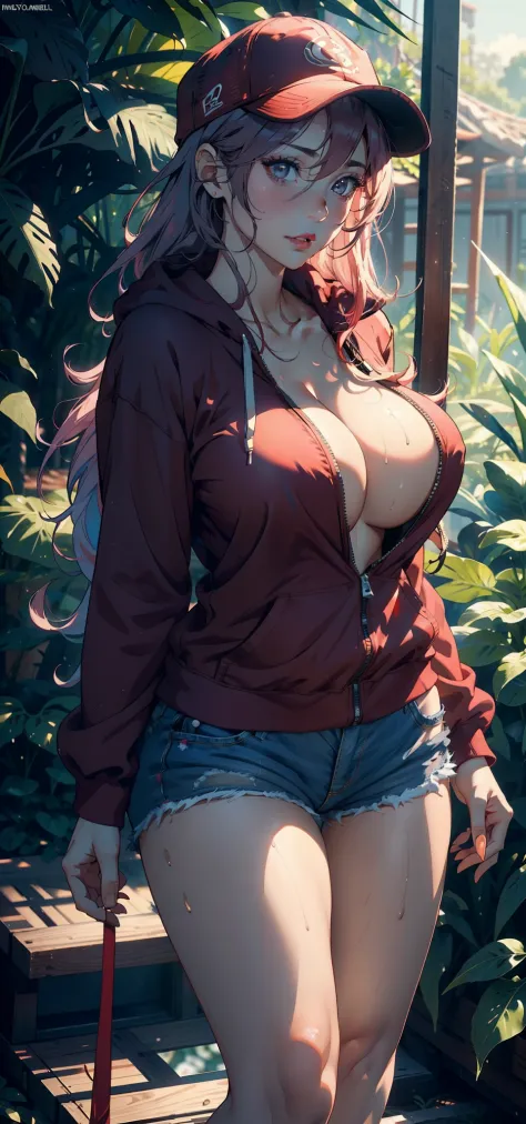 1female，35yo，熟妇，the super hot and sexy，gigantic cleavage breasts，Pornographic exposure， 独奏，（Background with：ln the forest，the rainforest，in summer） She has long pink hair，The hair was long，With baseball cap，standing on your feet，Sweat profusely，drenched al...