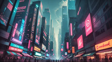 Cyberpunk city, lively, bustling, neon lighting, bright and impactful colors, crowded streets, futuristic architecture, imposing skyline.