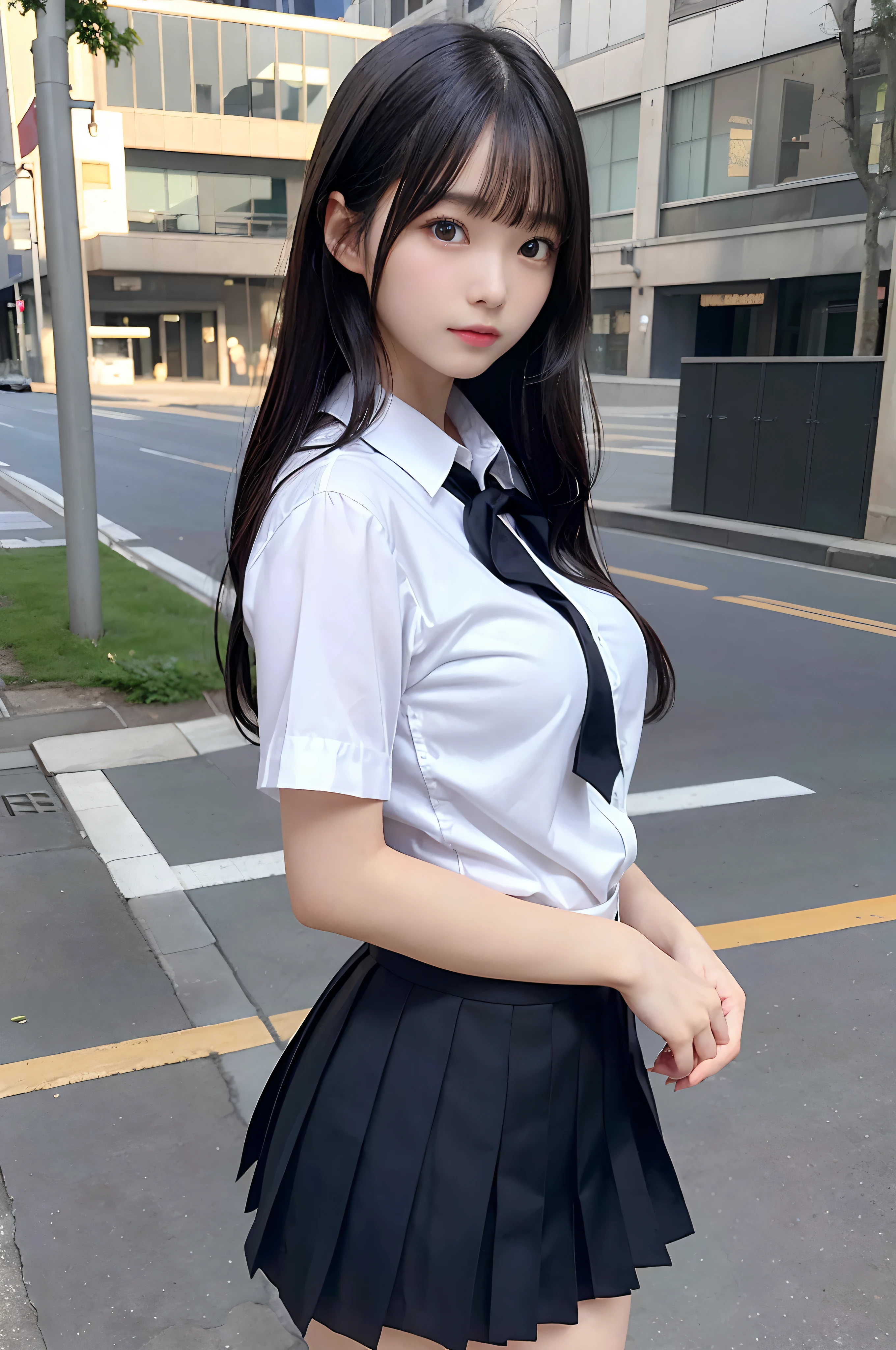masterpiece, best quality, photorealistic, raw photo, DSLR, a 15-year-old beautiful Japanese girl, shiny fair skin, realistic beautiful no makeup face, realistic beautiful bright eyes, double eyelids, look at viewer, (highly detailed shiny black long hair and bangs), (disheveled hair blowing in the strong wind), slim figure, slim face, slim waist, big breasts, narrow thighs, ((school uniform, pleated skirt, street with strong wind, nighttime)), realistic lighting and shadows, highly delicate and beautiful photo, ultra high resolution, 8k UHD wallpaper,