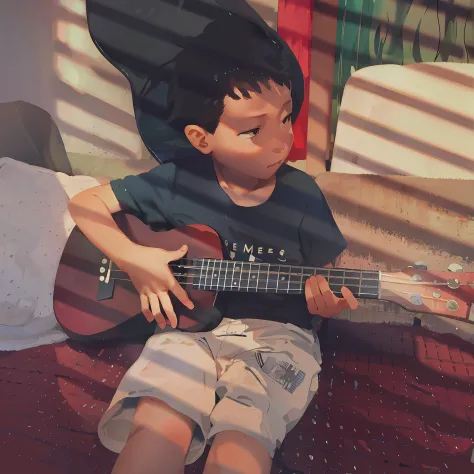 There was a little boy sitting on the bed playing guitar, plays the guitar, Improvise music, Playing guitar, plays the guitar, g...