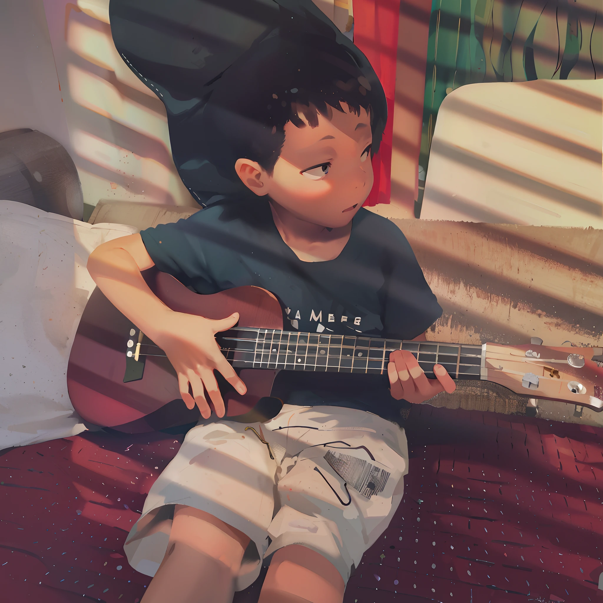 There was a little boy sitting on the bed playing guitar, plays the guitar, Improvise music, Playing guitar, plays the guitar, guitar solo, plays the guitar, the guitar player, guitarists, Guviz-style artwork, [ Digital art ]!!, kid, he is a rockstar, Playing electric guitar, Photo Hot, is playing a lute