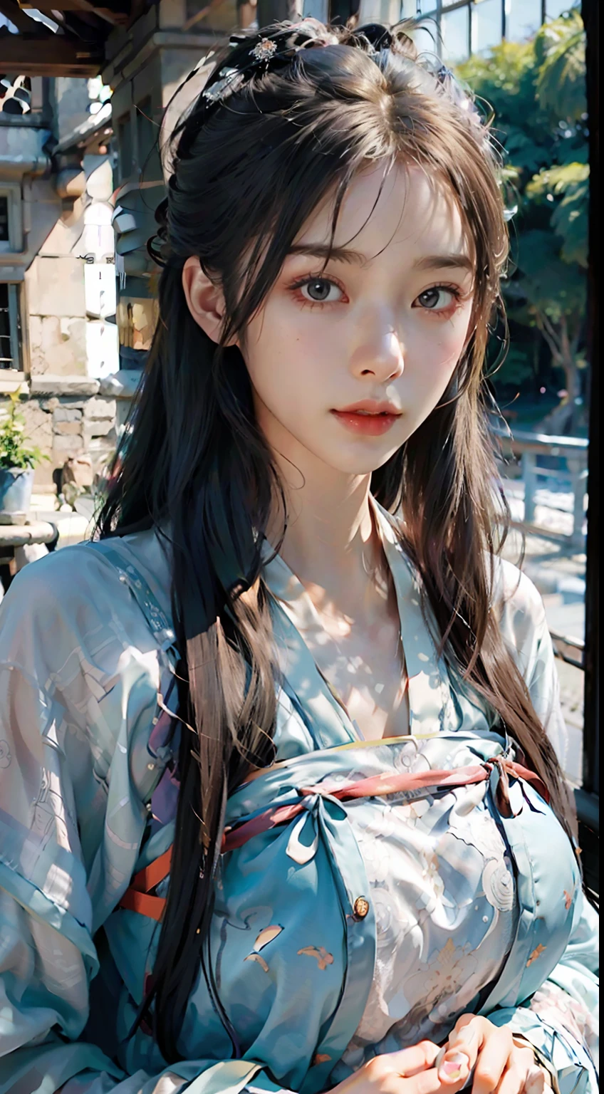 ulzang-6500-v1.1,(RAW photo:1.2), (Photorealistic:1.4), Beautiful Meticulous Girl, very detailed eyes and faces, Beautiful detailed eyes,  hugefilesize, ultra - detailed, A high resolution, Super clear，The is very detailed，（（chiseled abs：1.1），（perfect bodies：1.1），（long whitr hair：1.2），（Silvery hair），Lace collar，（（wearing a hanfu，White Hanfu，Lilac pattern）），（（Cardigan Hanfu）），（Very detailed CG 8k wallpaper），（Extremely refined and beautiful），（tmasterpiece），（best qualtiy：1.0），（超A high resolution：1.0），Beautiful light，Perfect light，realistic shaded，[A high resolution]，Detailed skins， Hyper-detailing（（（a color））），high realistic，Bigchest，Perfect face