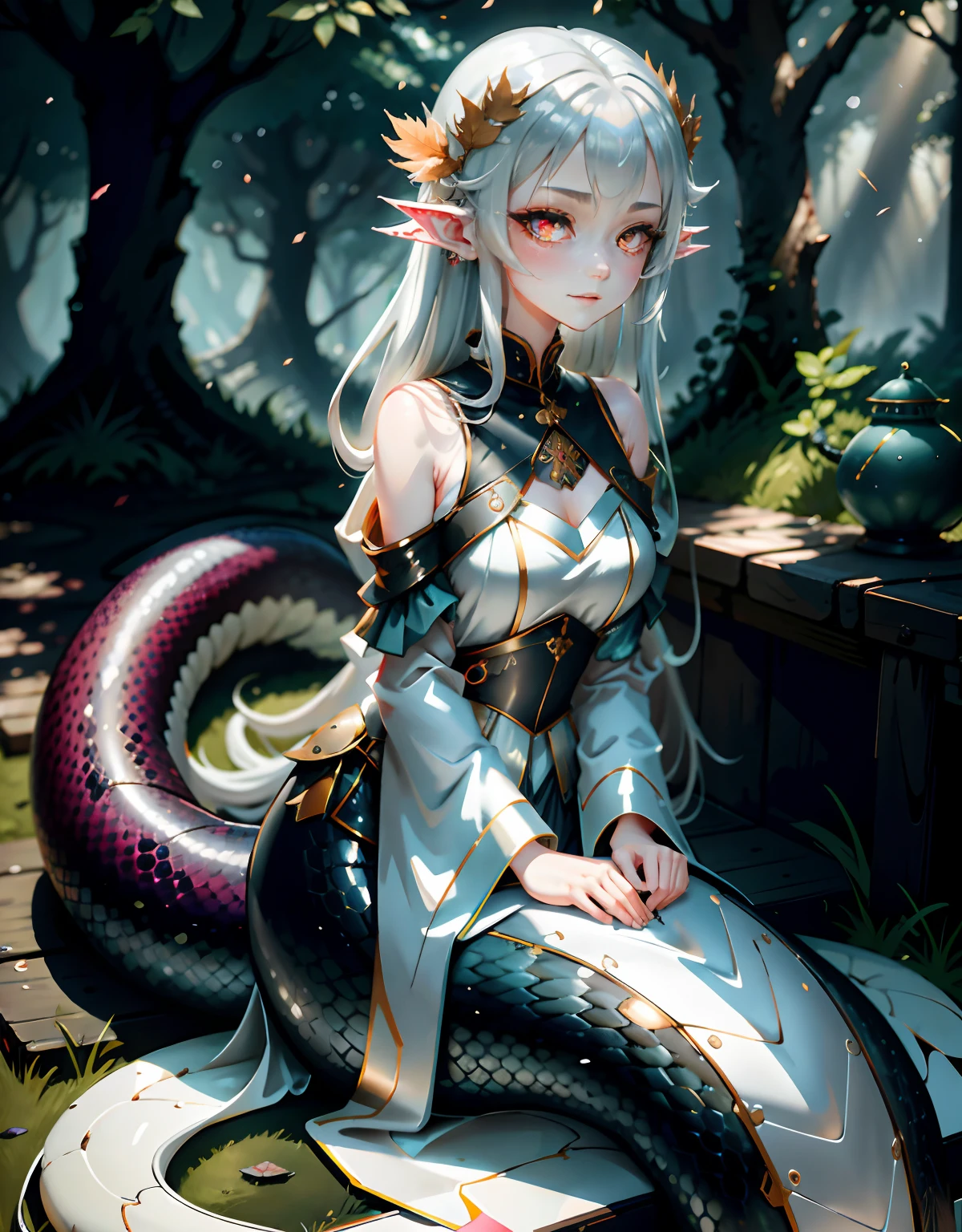 Detailed snakeskin， （AS-Adult）， Individual focus， （lamia）， stoic， monstergirl， ， beautidful eyes， beatiful background， abandoned cottage， ln the forest， light particules， suns rays， dramatic  lighting， Do lado de fora， grassy， leafs， Shiny （yellow， Red Jewel， White gradient：1.5）， Realistic， tmasterpiece， best qualtiy， ultra - detailed， A detailed， scenecy， Beautiful and delicate eyes， Detailed gray hair，beautiful red eye