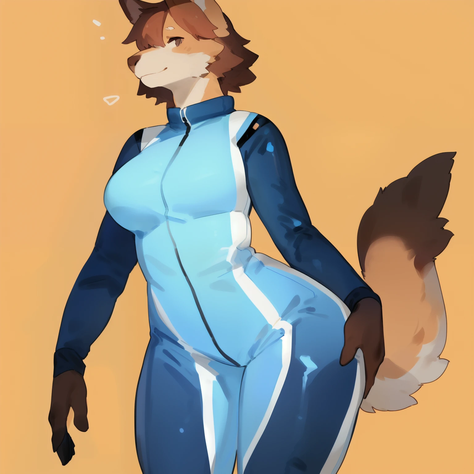 A close up of a cartoon fox with a blue bodysuit and a white tail - SeaArt  AI