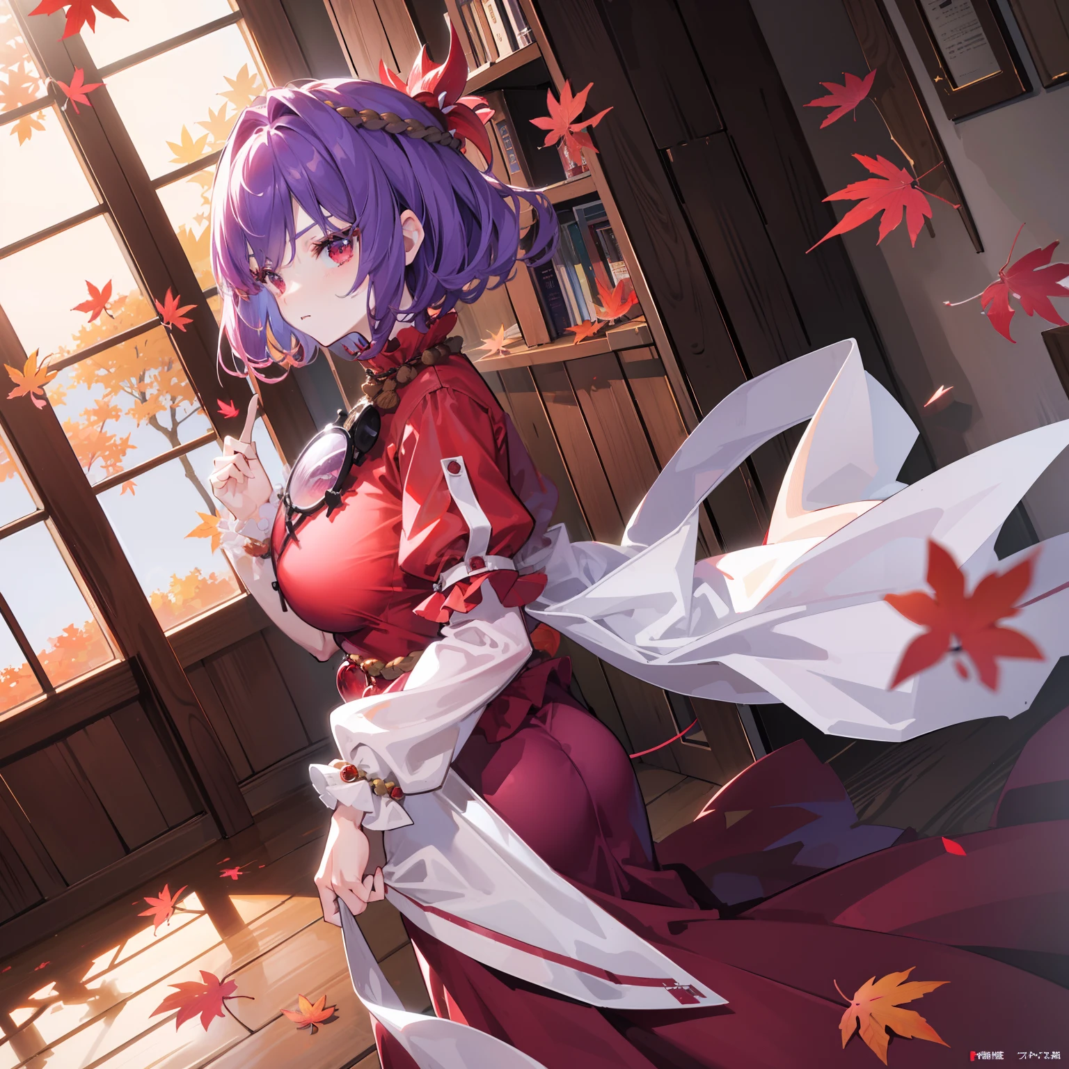 masterpiece, fine detail, 4k, 8k, 12k, solo, 1 person, beautiful girl, white female, Kanako Yasaka, purple hair, short hair, red eyes, red clothes, big breasts, shrine, indoors, hair blowing in the wind, autumn leaves