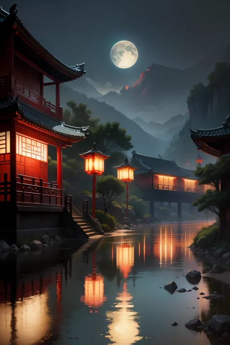 Chinese Ancient Times，Retro anime style，Sense of realism，by lake，River lamps，Night with moonlight，Middle Metaverse，July and a half，Bright colors