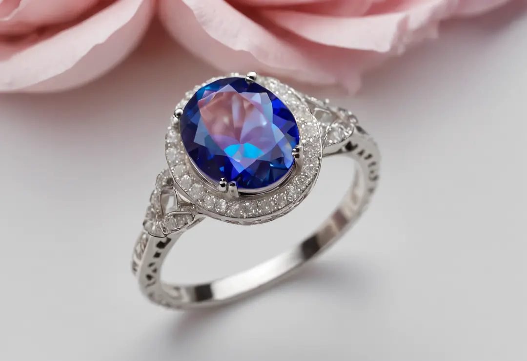 {style: {hyper realism}, {photorealistic}, {macro zoom:1.3}, {large size}, {hyper detailed}, {hyper resolution}, {hyper quality, 16}:1.3
 (theme: ((close-up of a gemstone ring)), (full ring), ((ring standing diagonally:1.2)), ((near top view)):1.2, ((large...