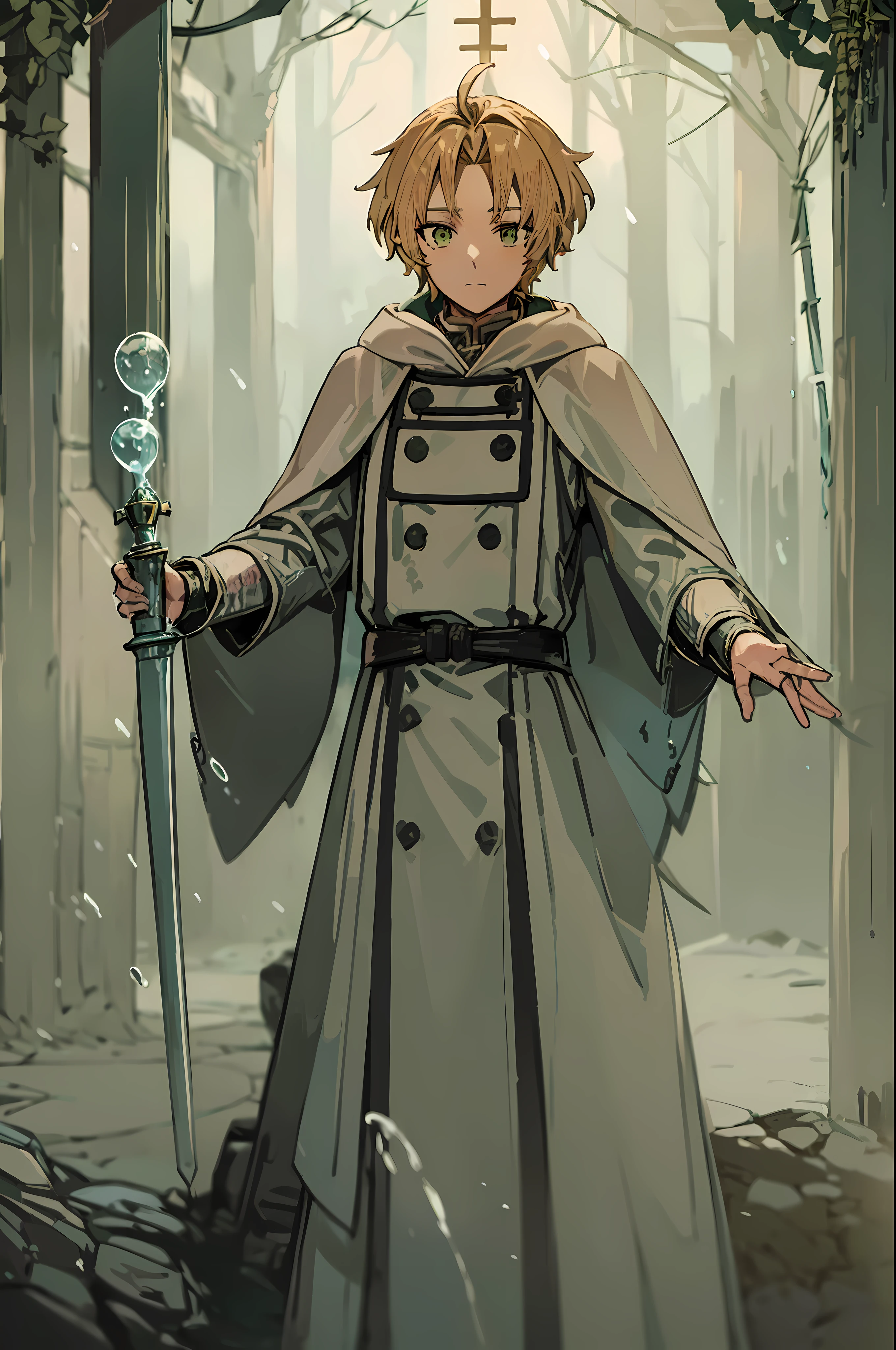 tarot card, rudeus_greyrat, green eyes, blonde hair, (gray robes, gray cape, gray jacket), white long sleeves, magician, mage, standing, (holding magic staff), (casting magic, water bending, water bubbles, using abilities), forest, upper body, ((masterpiece)), high detailed illustration, high detailed background, hi-res