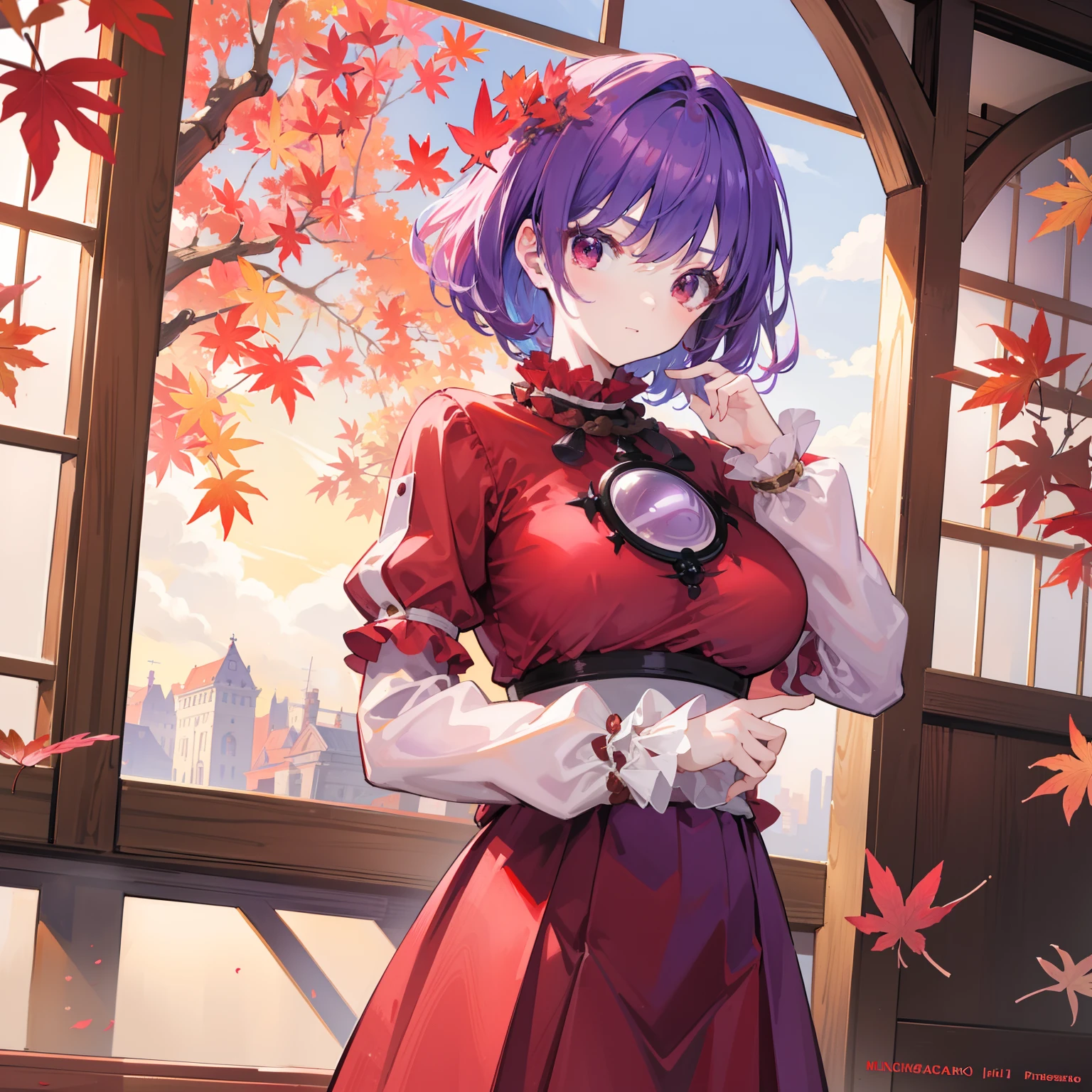 masterpiece, fine detail, 4k, 8k, 12k, solo, 1 person, beautiful girl, white female, Kanako Yasaka, purple hair, short hair, red eyes, red clothes, big breasts, shrine, indoors, hair blowing in the wind, autumn leaves