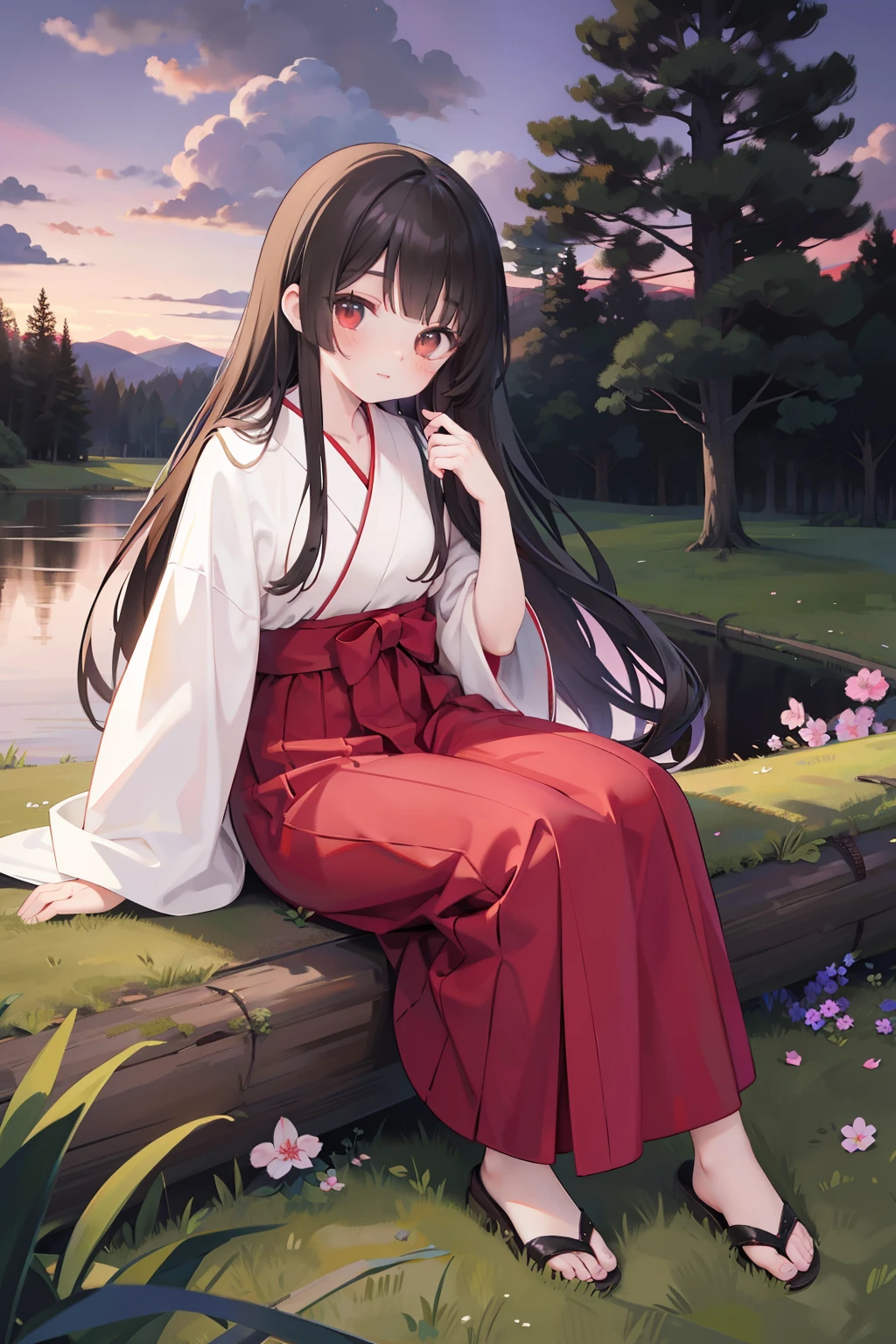 Frontal photography full body sitting on the ground, treeside red long dress, white kimono, black hair like a spring, no headgear, front photography full body sitting by the tree，Take the bellflower,((Brown eyes)))red long skirt,Black hair, White kimono all over, Photorealistic, (Hyperrealistic:1.2), Perfect eyes, Perfect face, Perfect lighting, Outdoors, Warm colors, Deep purple sky, Smug, ventania