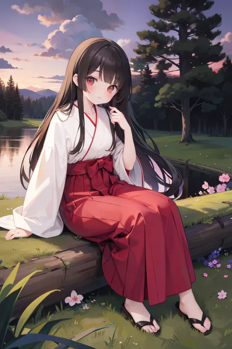Frontal photography full body sitting on the ground, treeside red long dress, white kimono, black hair like a spring, no headgea...