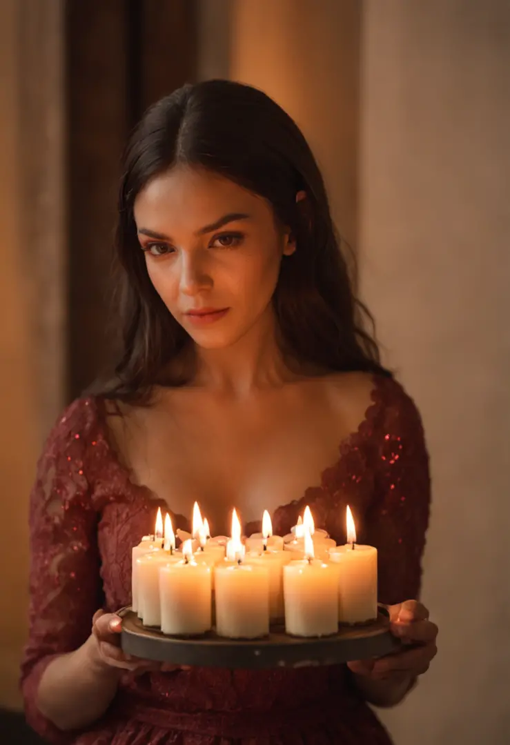 The woman holds a tray，There was cake and candles inside, holding a candle, candle lighting, lit candle, lit with candles, candle wax, luz de velas, Candlelight, in a room full of candles, natural candle lighting, Candle, 8 k sensual lighting, Drip candles...
