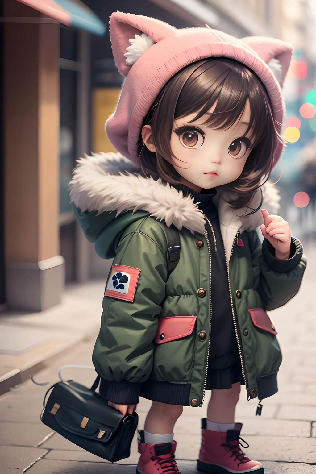 Anime girl in a green jacket and pink hat with a handbag - SeaArt AI