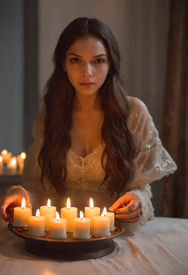 Woman holding tray，There was cake and candles inside, holding a candle, candle lighting, lit candle, lit with candles, candle wax, luz de velas, Candlelight, in a room full of candles, natural candle lighting, Candle, 8 k sensual lighting, Drip candles, wi...