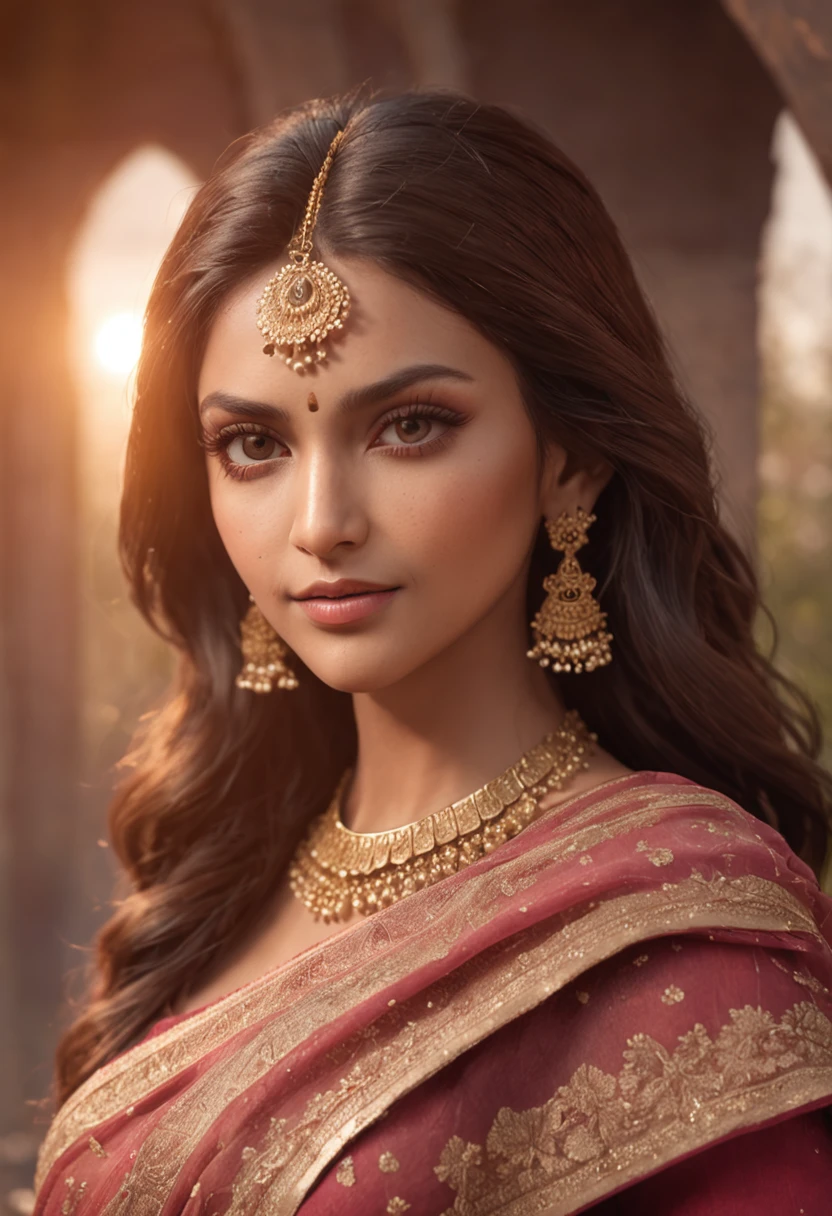 an ultra realistic  shot of a very beautiful Indian modern woman with gorgeous brown hair posing for a picture, extremely detailed and clear facial features, realistic barbie doll,  realistic anime art style, The color palette consists of warm, golden tones reflecting the sunlight. Her eyes, filled with the colors of a vibrant sunset, captivate the viewer. The illustration radiates a sense of ethereal beauty and connection to nature, cinematic, Hyper-detailed, insane details, Beautifully color graded, Unreal Engine, DOF, Super-Resolution, Megapixel, Cinematic Lightning, Anti-Aliasing, FKAA, TXAA, RTX, SSAO, Post Processing, Post Production, Tone Mapping, CGI, VFX, SFX, Insanely detailed and intricate, Hyper maximalist, Hyper realistic, Volumetric, Photorealistic, ultra photoreal, ultra-detailed, intricate details, 8K, Super detailed, Full color, Volumetric lightning, HDR, Realistic, Unreal Engine, 16K, Sharp focus, cgsociety 9