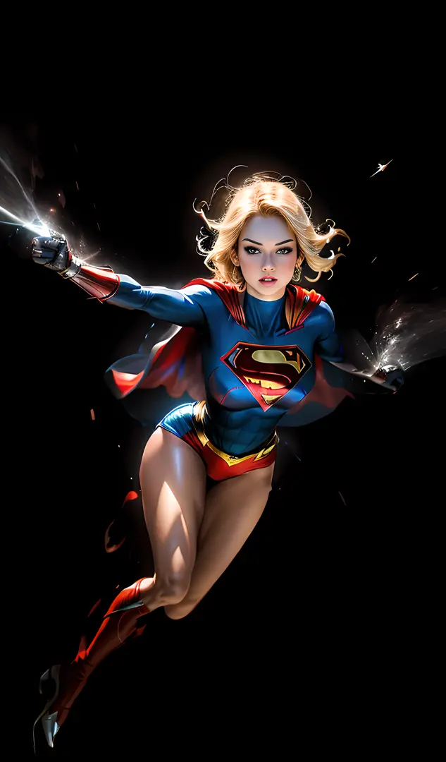 A woman flying through the air in a Superman cloak，She's Supergirl, super-hero girl, Proportion of female superheroes, Supergirl，blonde with blue eyes，Huge breasts，photorealestic，Ultra high quality，tmasterpiece，delicated，Supermodel，a toned abdomen，