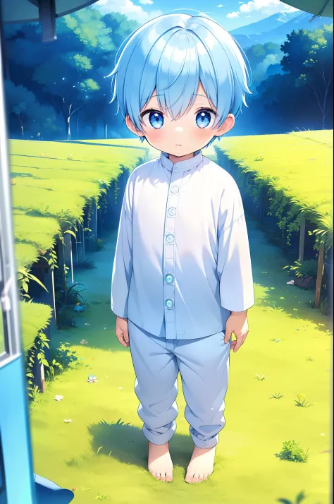 4k, (Masterpiece:1), Little boy with blue colored hair and shiny, glowing cyan eyes and barefoot, standing on field, epic, cinem...