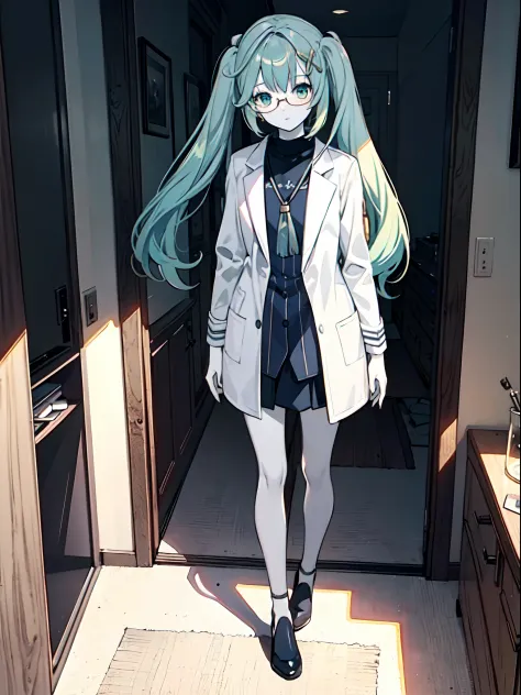 (masterpiece:1.2), (pale skin:1.2), (8k:1.2), (solo:1.2), (female:1.1), (emphasis lines:1.3), (dynamic angle), light green hair, (glasses:1.2), professor, (white lab coat:1.1), laboratory, (indoors:1.2), twintails