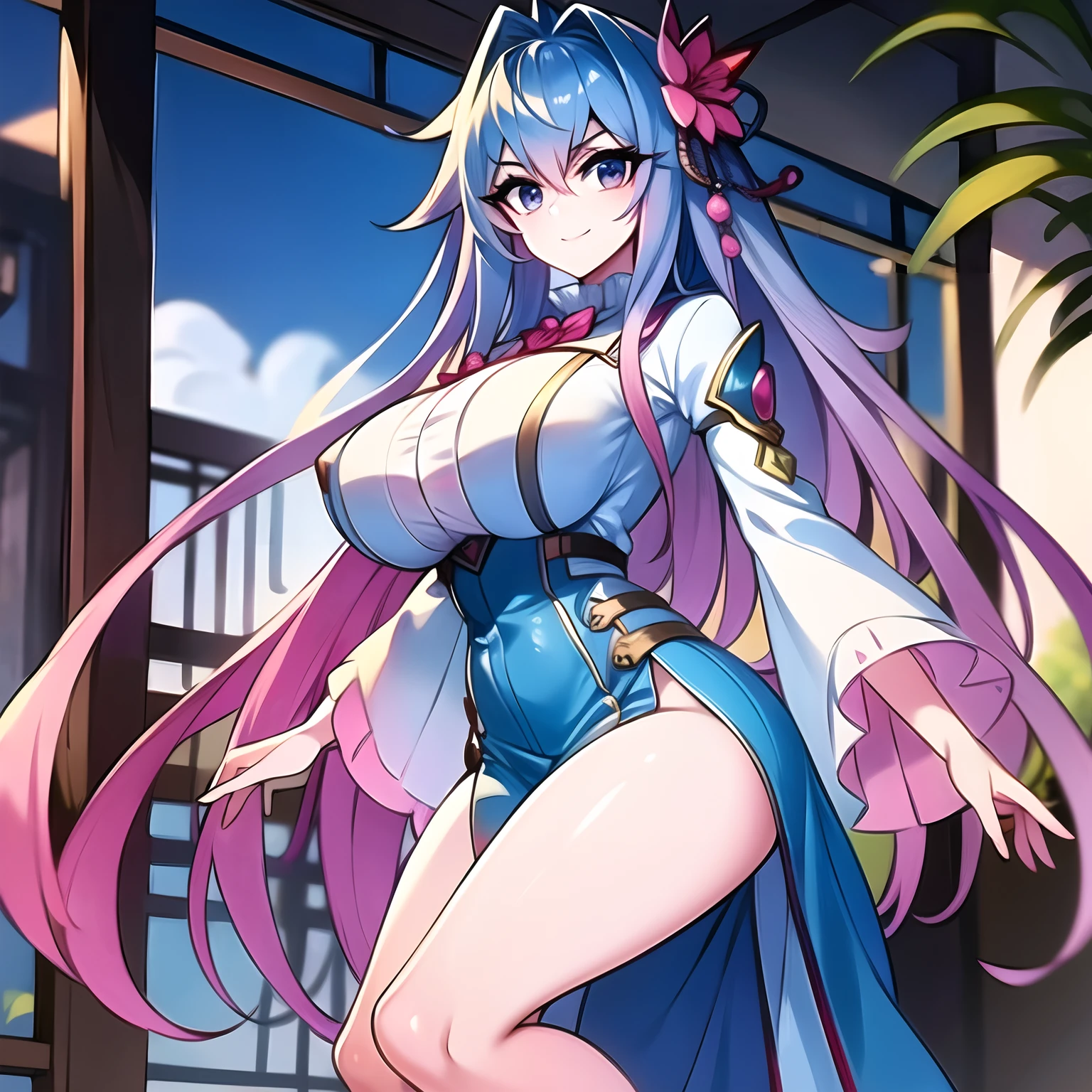 (masterpiece:1.2), mistress, best quality, ultra high res, shiny skin, sexy, fashi-g, mature female, ultra high res, best shadow, best quality, ((1girl, solo)), hair ornament, branch, long hair, huge breasts, smile, looking at viewer, very long hair, long sleeves, blue eyes, blue-pink hair, bangs, short dress, hair between eyes, flower, full body