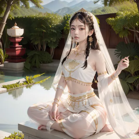 A tantric beauty wearing a white transparent lolita does yoga lotus sitting meditation on a lotus pedestal，Delicate and good-loo...