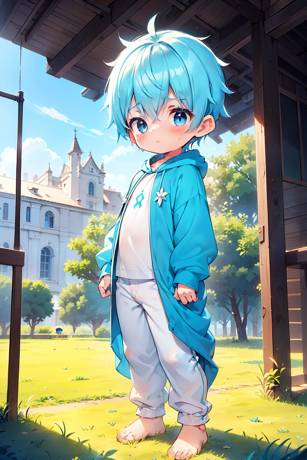 4k, (Masterpiece:1), Little boy with blue colored hair and shiny, glowing cyan eyes and barefoot, standing on field, epic, cinematic, young, boy, child, small, toddler, tiny feet, focus on feet, feet, blushing, (Young:1.4), (Child:1.4), (Shota:1.4), (male:1.4), (boy:1.4), (divine clothes:1.4), (epic:1.4), (posing:1.4), (cinematic:1.4),