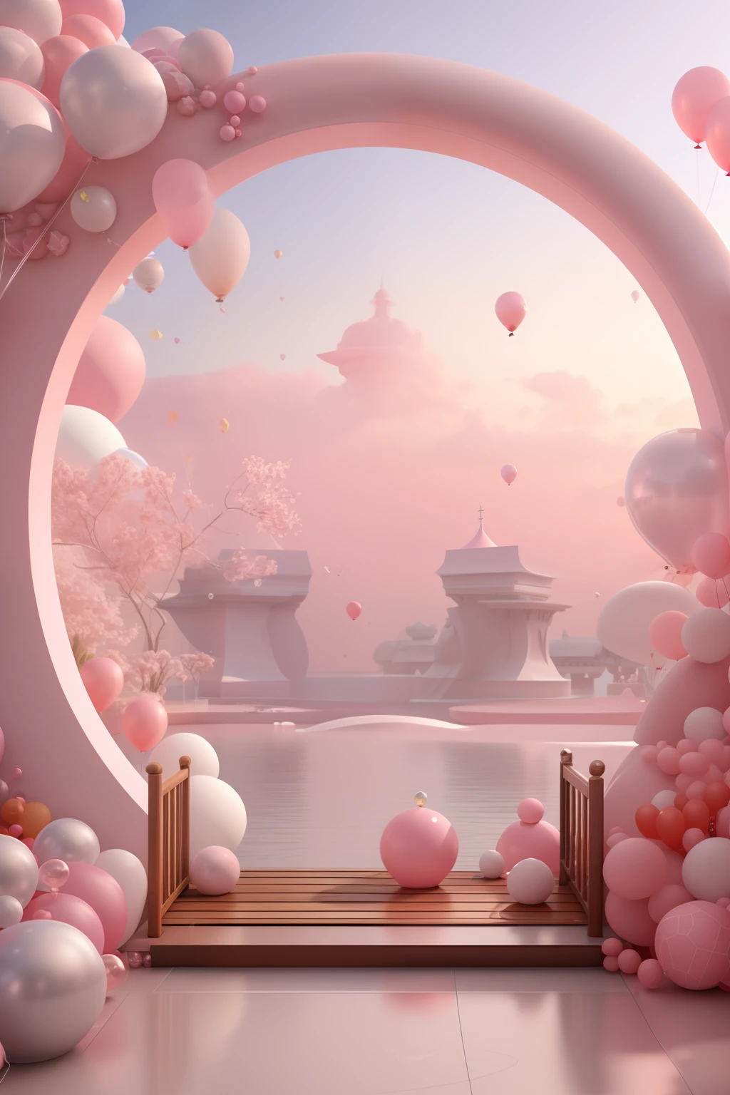 有一個粉紅色和白色的拱門，有氣球和長凳, 粉色禪風格, 粉紅色風景, 夢境場景, 看著粉紅色的海洋, 3D 渲染風格化, 3d 渲染风格, 超現實 3D 渲染, 泡沫般的風景, 超現實的夢幻風景, 3D風格化場景, 風格化為 3D 渲染, 夢幻般的氛圍與戲劇