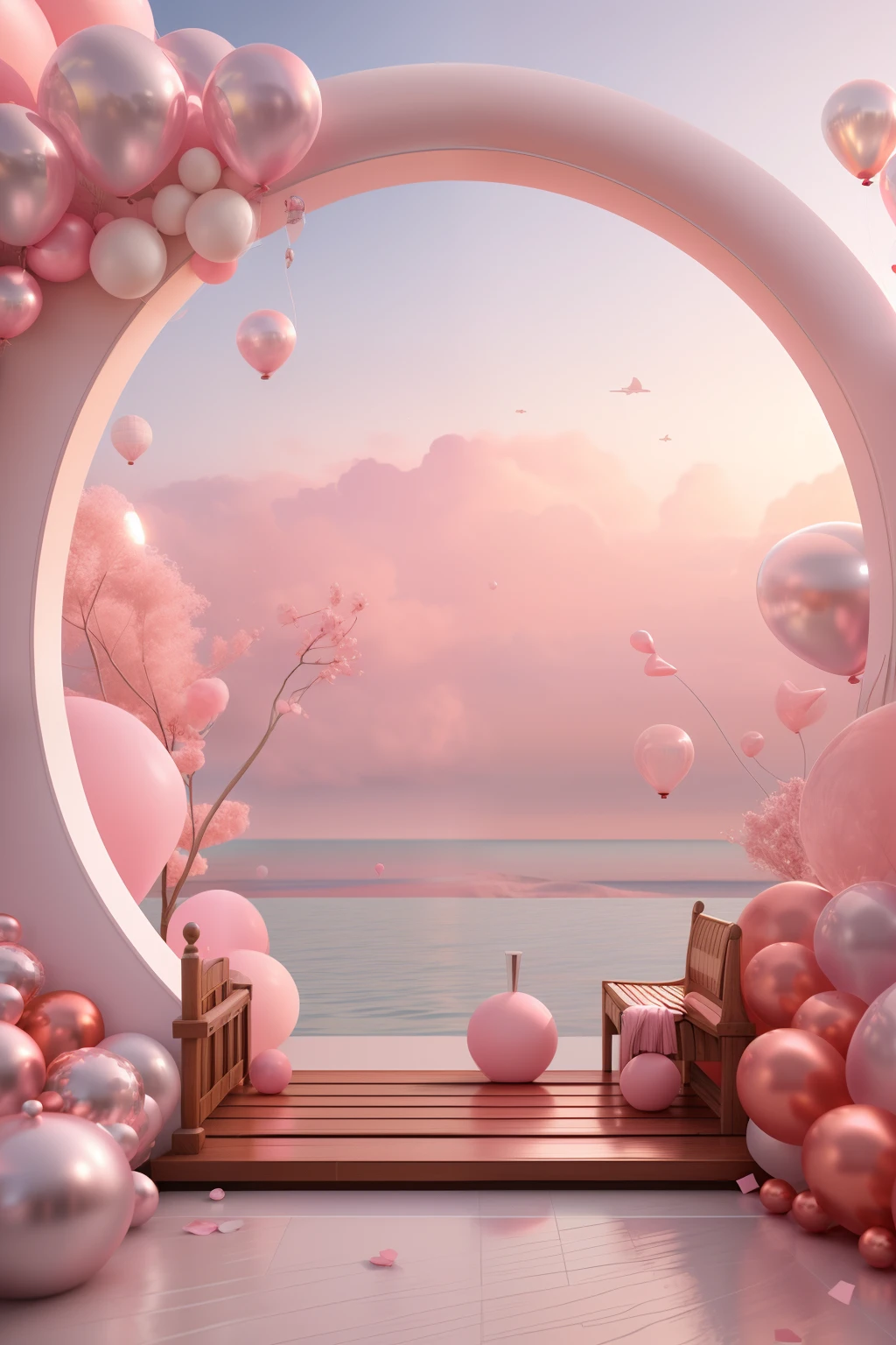 ピンクと白のアーチがあります，風船とベンチ付き, ピンクの禅スタイル, ピンクの風景, 夢のシーン, ピンクの海を見ながら, 3Dレンダリング様式, 3Dレンダリング様式, シュールな 3D レンダリング, 活気ある風景, 超現実的な夢の風景, 3D スタイライズシーン, 3Dレンダリングとして様式化, 夢のような雰囲気とドラマ