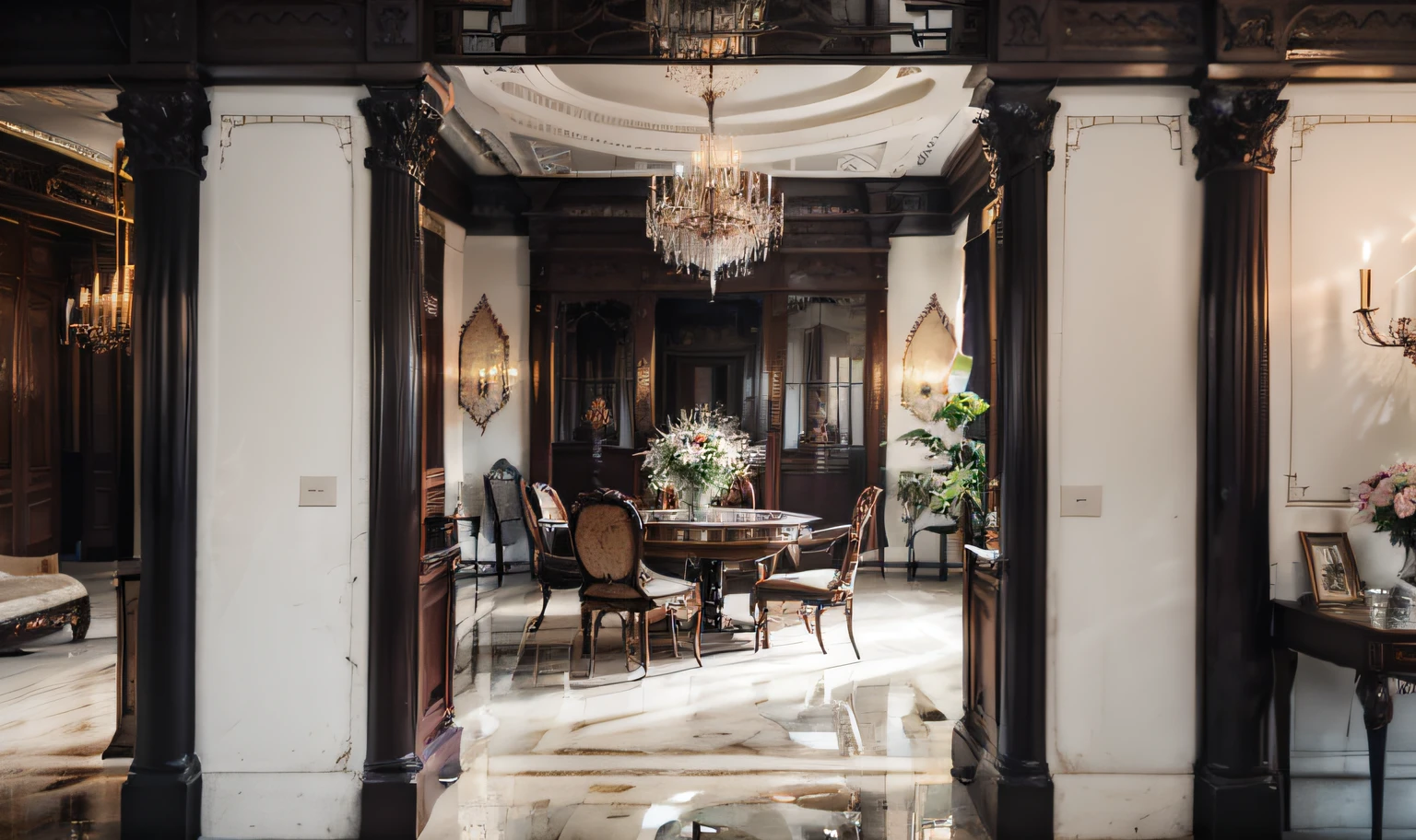 Al entrar en el comedor, te encuentras en un ambiente palaciego. El suelo de mármol y la chimenea irradian una sensación de grandeza, mientras que el alto techo de yeso exhibe opulentos candelabros y exquisitos diseños de techos de madera. La mesa de comedor tallada y las sillas exudan lujo, y cortinas de seda y vajilla delicada muestran buen gusto. Pinturas al óleo de estilo victoriano y decoraciones doradas colgadas en las paredes llenan todo el espacio con una sensación de lujo palaciego..