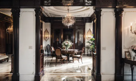 as you step into the dining room, you find yourself in a palatial atmosphere. the marble floor and fireplace radiate a sense of ...