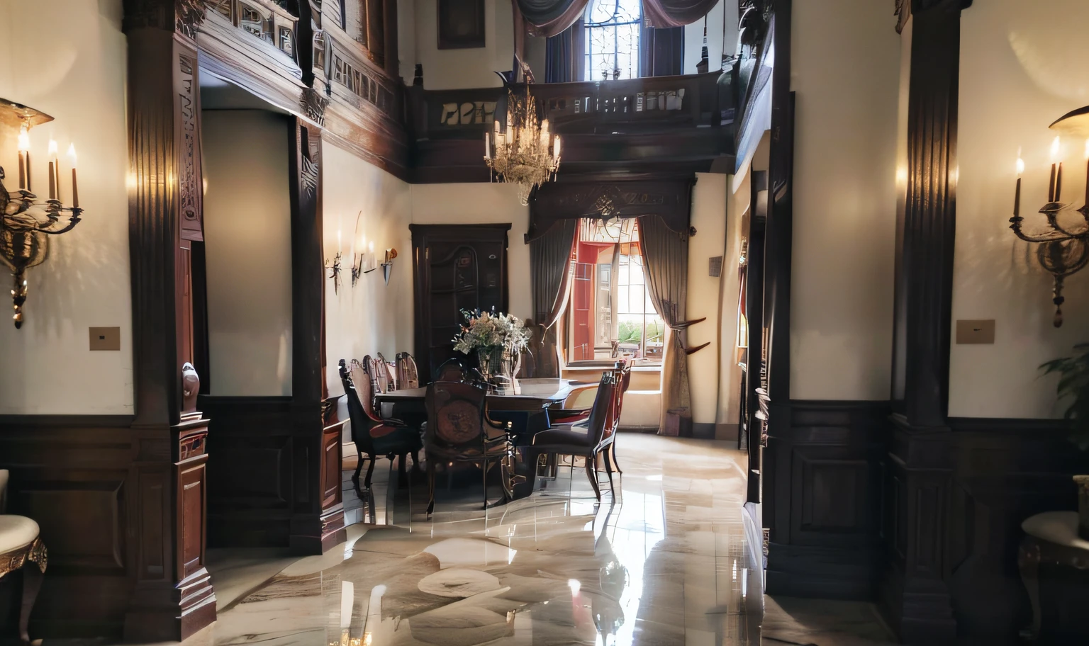 Al entrar en el comedor, te encuentras en un ambiente palaciego. El suelo de mármol y la chimenea irradian una sensación de grandeza, mientras que el alto techo de yeso exhibe opulentos candelabros y exquisitos diseños de techos de madera. La mesa de comedor tallada y las sillas exudan lujo, y cortinas de seda y vajilla delicada muestran buen gusto. Pinturas al óleo de estilo victoriano y decoraciones doradas colgadas en las paredes llenan todo el espacio con una sensación de lujo palaciego..