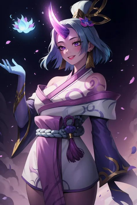 (masterpiece, best quality:1.2), intricate details, spirit blossom soraka, 1girl, purple skin, colored skin, single horn, kimono...