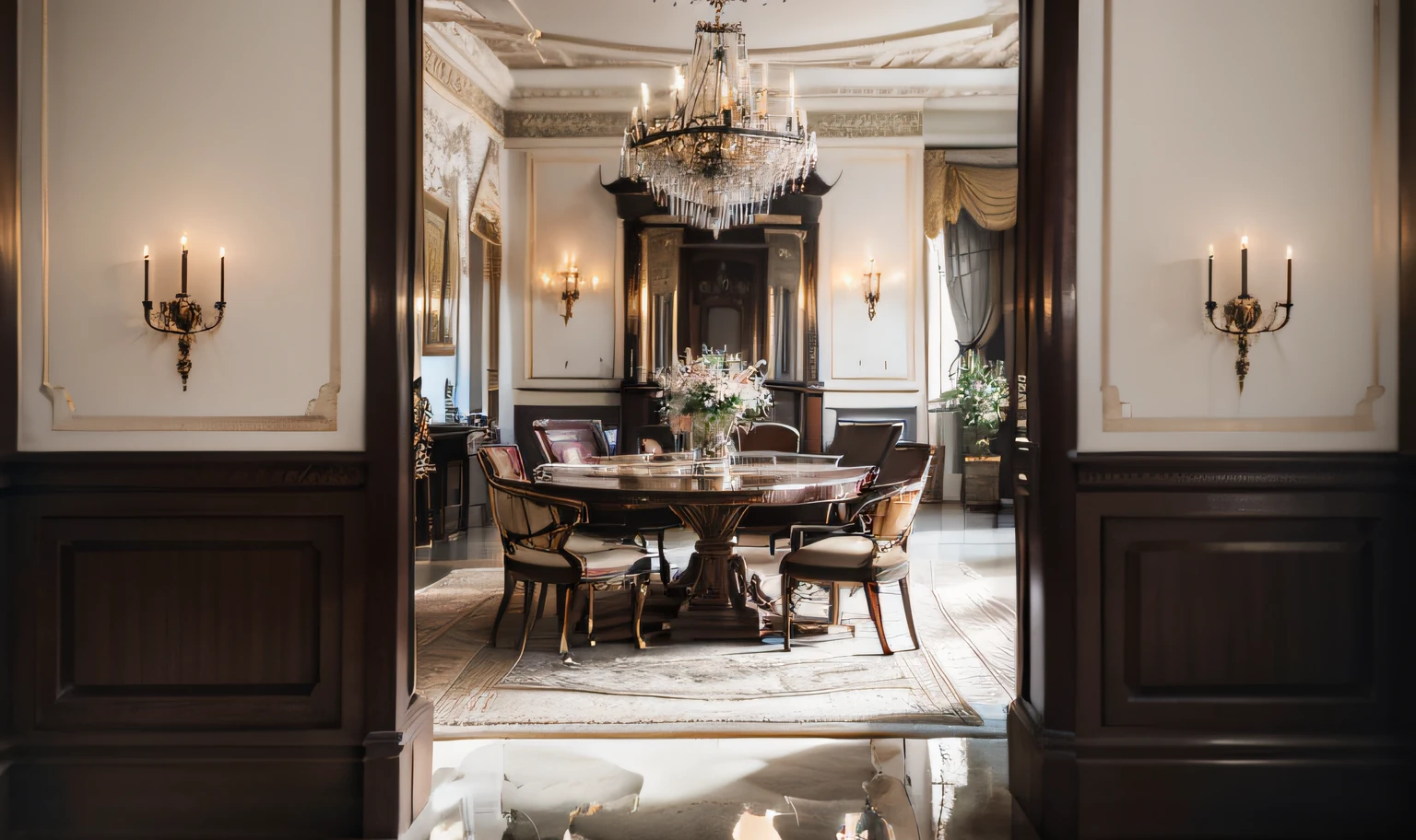 As you step into the dining room, you find yourself in a palatial atmosphere. The marble floor and fireplace radiate a sense of grandeur, while the tall plaster ceiling showcases opulent chandeliers and exquisite wooden ceiling designs. The carved dining table and chairs exude luxury, and silk curtains and delicate tableware display fine taste. Victorian-style oil paintings and golden decorations hanging on the walls fill the entire space with a sense of palatial luxury.