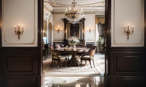 as you step into the dining room, you find yourself in a palatial atmosphere. the marble floor and fireplace radiate a sense of ...