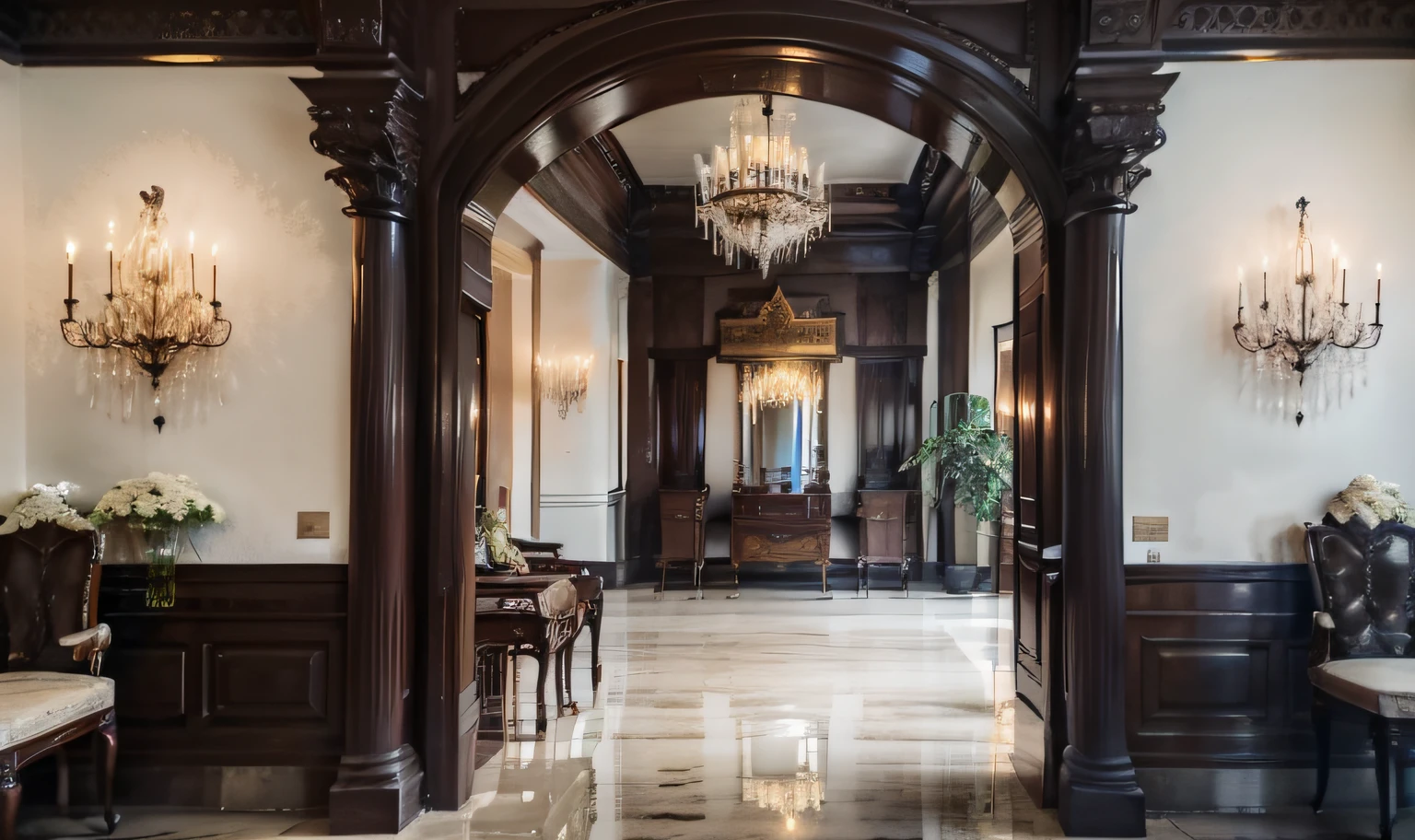 As you step into the dining room, you find yourself in a palatial atmosphere. The marble floor and fireplace radiate a sense of grandeur, while the tall plaster ceiling showcases opulent chandeliers and exquisite wooden ceiling designs. The carved dining table and chairs exude luxury, and silk curtains and delicate tableware display fine taste. Victorian-style oil paintings and golden decorations hanging on the walls fill the entire space with a sense of palatial luxury.