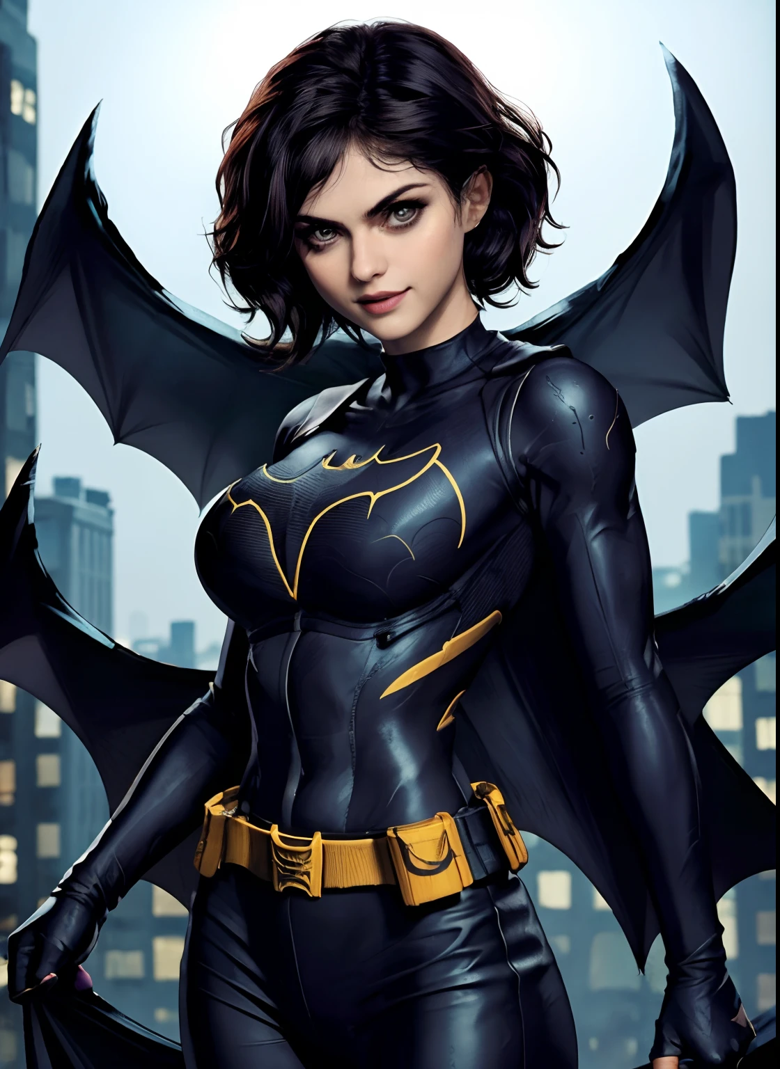 (erstes Werk, Bessere Qualität), 1 Mädchen, Allein, Alexandra Daddario, batgirl terno, schwarzes Haar, braune Augen, lächeln, (((sehr riesige Brüste, Fledermausflügel, Fliegen mit geöffneter Abdeckung))),
Akihabara, von den Toten, Nacht, von oben, Stehendes Dach, Spielezentrum,