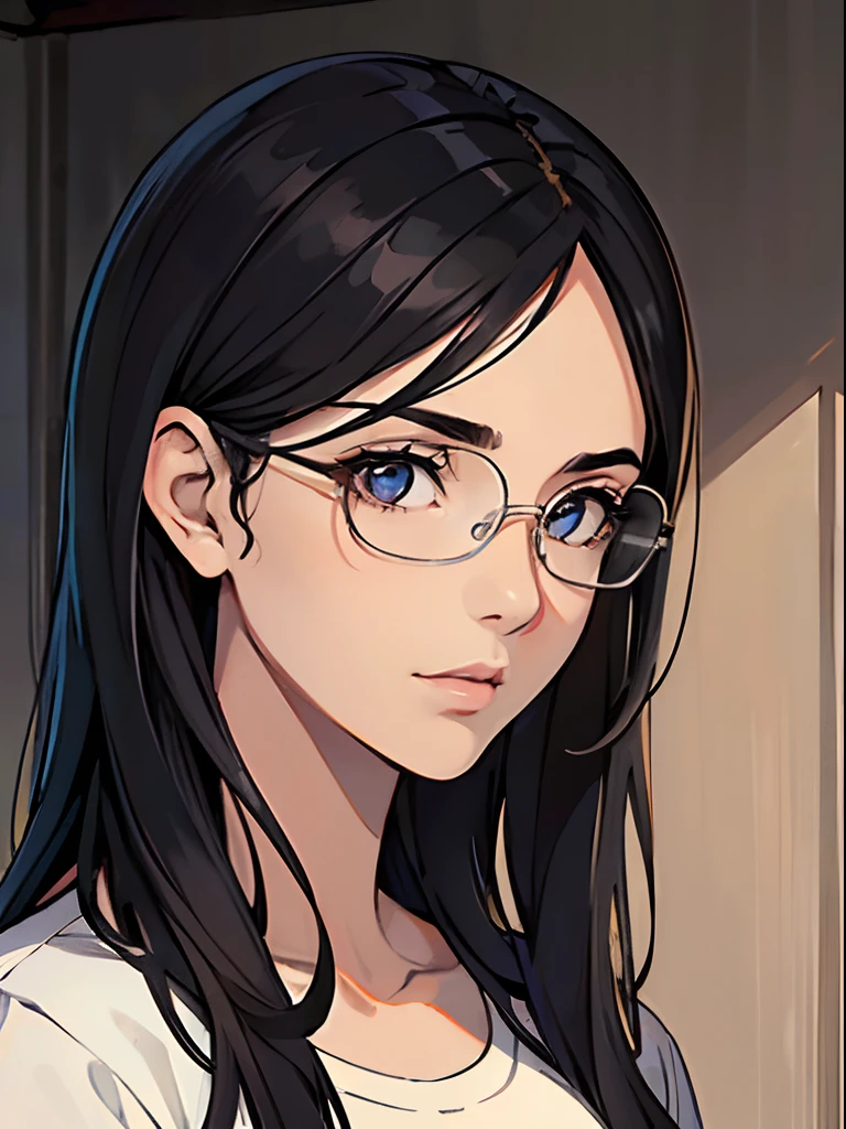 (The best quality:1.4),masterpiece,ultra detailed,Delicate features,delicate skin,realism,beautiful lighting,cowboy shot,1girl,medium chest,black hair,messy hair,black eyes,blank eyes,Dummy,Long hair,glowing skin,glasses,