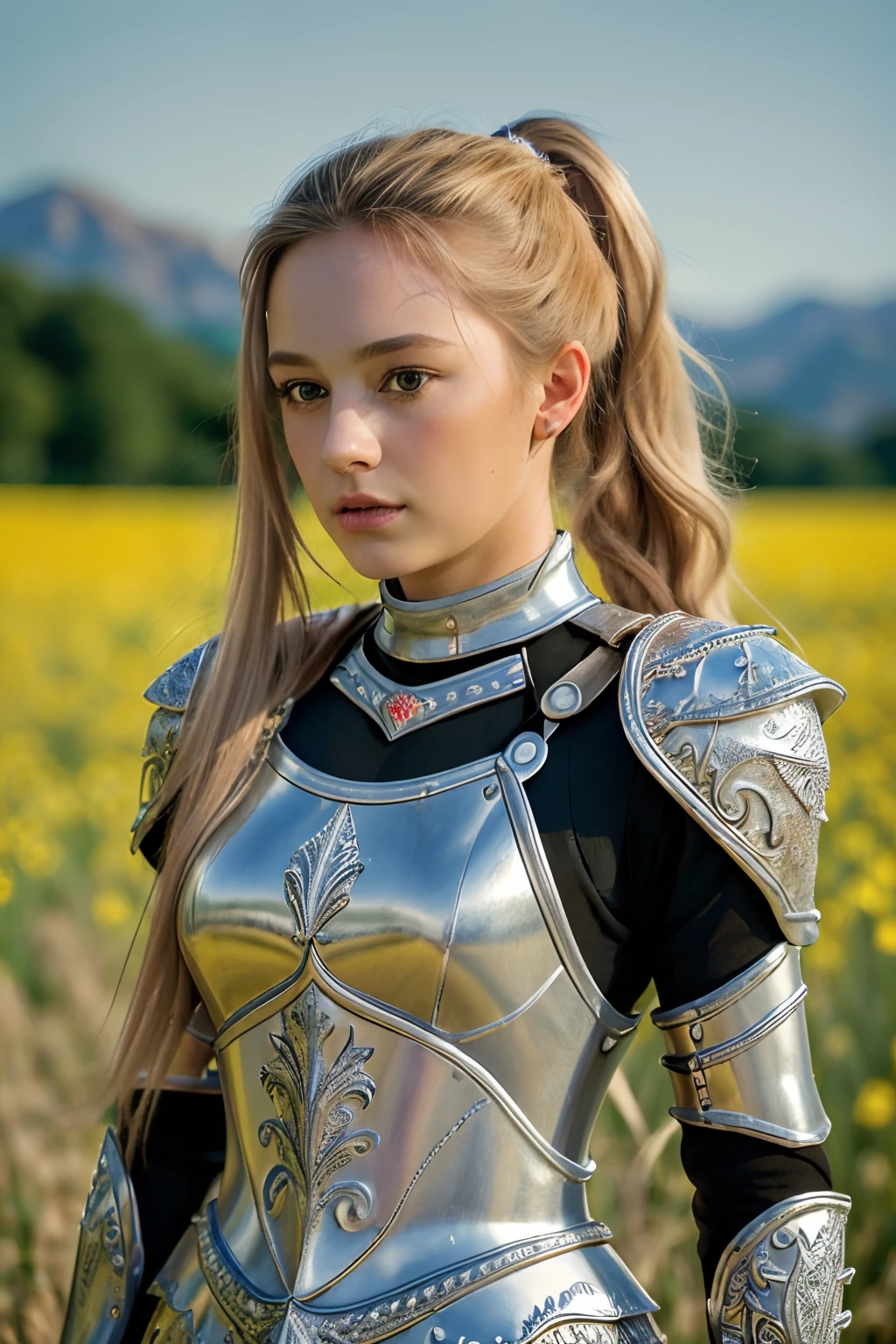 (8K, best quality:1.2), (masterpiece:1.37), (photo, photorealistic:1.37), (ultrahigh-res), full body, walking pose, shot from front, slow motion, 21 year old teen wearing the full body, (light silver armour:1.2),(ornately decorated armor), (insanely detailed, bloom:1.5), (highest quality, Alessandro Casagrande, Greg Rutkowski, Sally Mann, concept art, 4k), (analog:1.2), (high sharpness), (detailed pupils:1.1), detailed face and eyes, Masterpiece, best quality, (highly detailed photo:1.1), (long blonde Hair, ponytail,ecstatic:1.1), (young woman:1.1), sharp, (perfect body:1.1), realistic, real shadow, 3d, (mustard field background:1.2), (by Michelangelo), photographed by Canan EOS R6, 135mm, 1/1250s, f/2.8, ISO 400