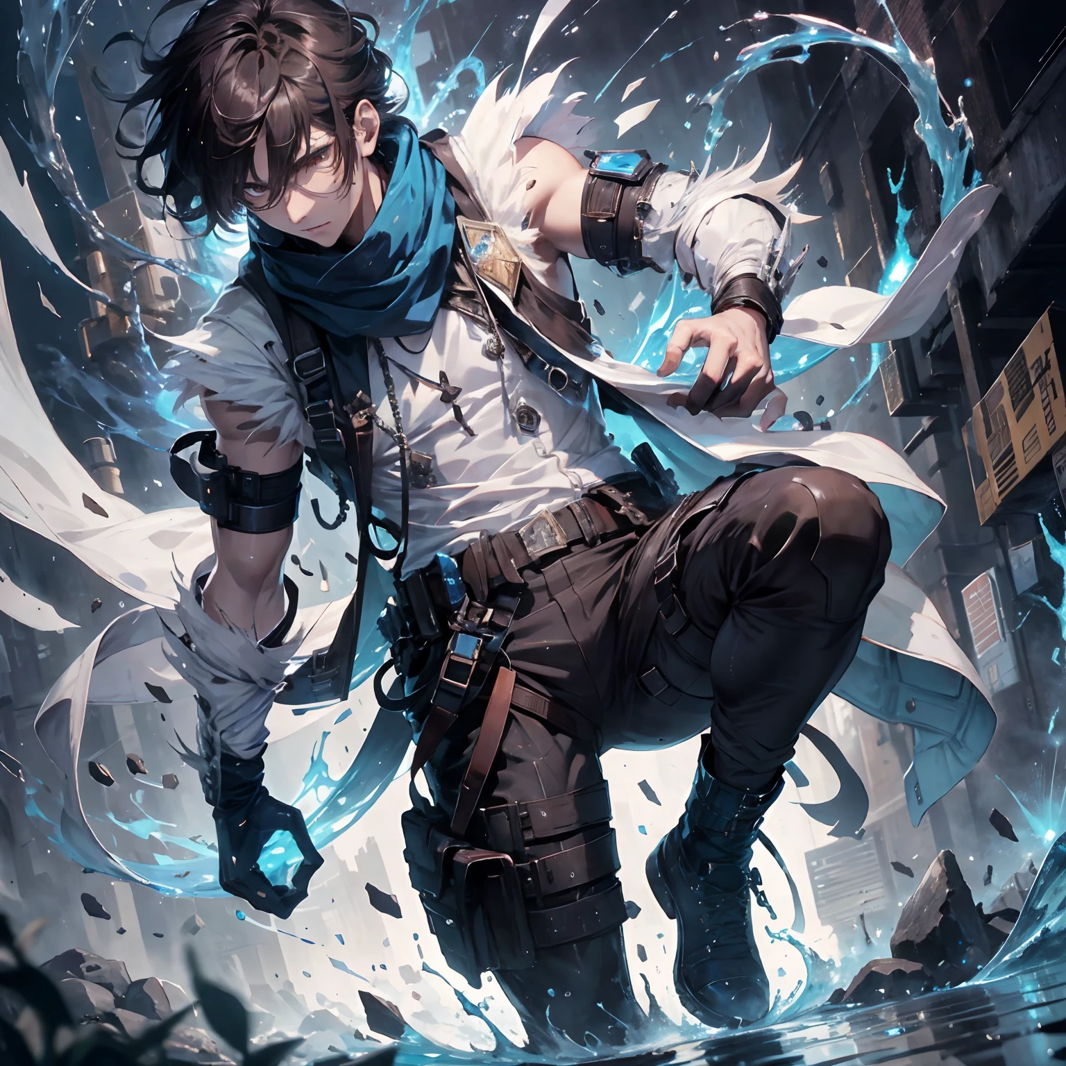 (absurdres, highres, ultra detailed), masterpiece, best quality, real light and shadow, solo, full body,a boy with dark brown hair, sleeveless outfits, blue, handsome, bipedal, full pants, water, water power, mist, water hands,mist hands, soak, blue clothes, buff, finely eye, detailed face, detailed eye, scarf, white coat, white clothes, arm braces, technology, from below, look down,rain city, wet background, swirl, spark, superhero landing shot, BREAK, dark brown eyes