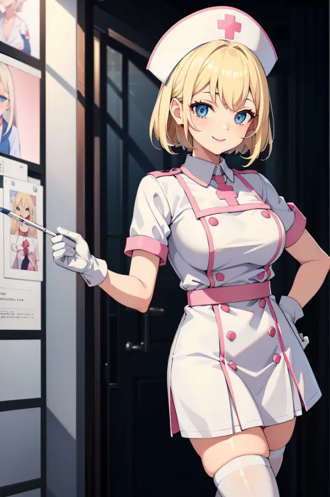 1girl in, Nurse, Nurse Cap, Whiteware, White legwear, White Gloves, Blonde hair, Blue eyes, pink lipsticks, Smile, Standing, hos...