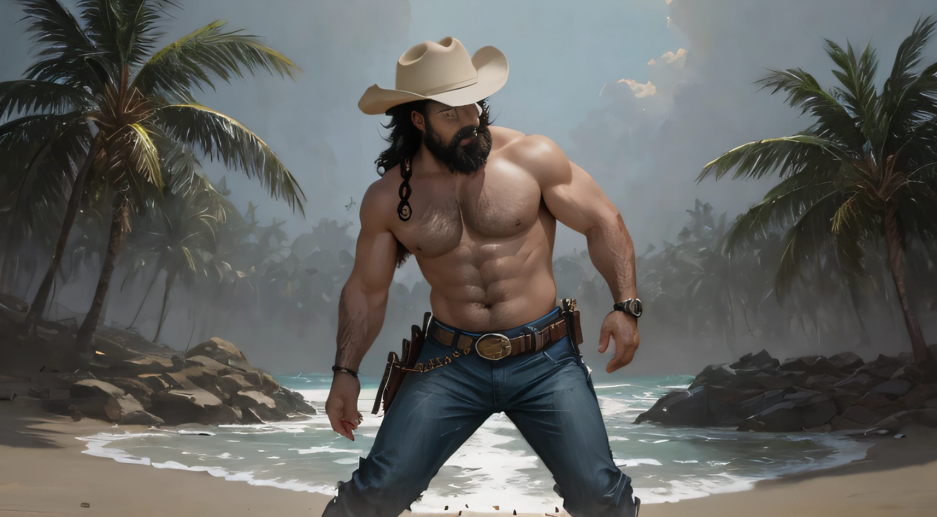 Un retrato de personaje [Man from Mexico, pelo corto, barba delineada, cuerpo peludo, macho alfa, huge biceps, pantalones vaqueros, camisa negra en movimiento por el aire, zapatos deportivos, varonil, De pie frente a unos dinosaurios] 8k, Alto detalle, Beautiful, Edad Oscura, Arte de Stanley Artgerm, por Daniel f gerhartz, por Pino Daeni, Altamente detallado, foco nítido.