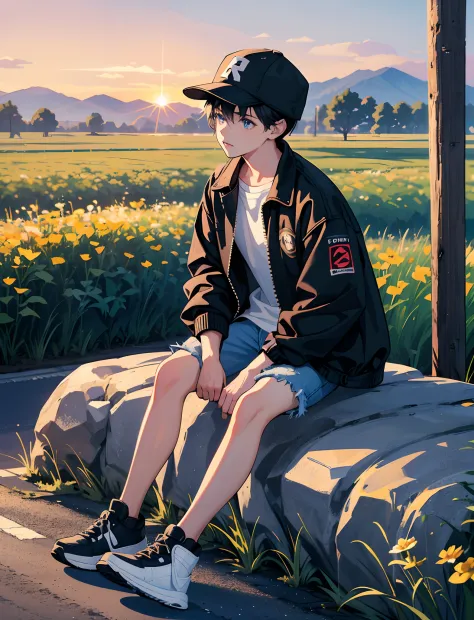 A young boy with，black color hair，Wear a denim jacket，With a baseball cap，Wear sneakers，blue color eyes，Sitting on a stone on a ...