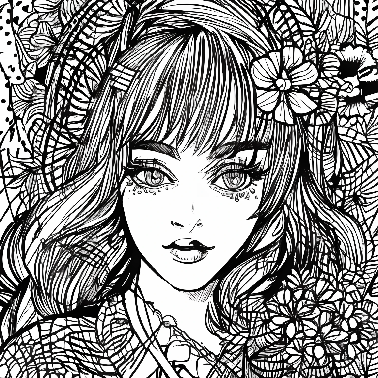Black and white stick figure 1 girl with hibiscus flower in background,  in dress with flowers, its fine ink line art, comic style, portrait of ploynesian girl, Marilyn Munroe, Hollywood glam, beautiful line art, black and white comic style, manga style, manga art style, pencil and ink caricature drawing, black and white coloring --auto --s2