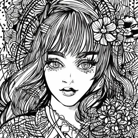 Black and white stick figure 1 girl with hibiscus flower in background, loli in dress with flowers, its fine ink line art, comic...