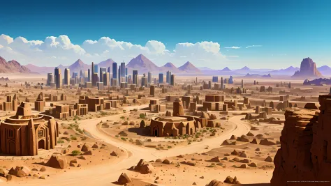 There is a painting depicting a desert city，The background is a mountain, Concept art wallpaper 4K, Detailed 4K concept art, Pic...