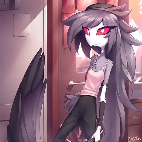 by zinfyu, detailed background, octavia \(helluva boss\), owl demon, grey body, red sclera, white eyes, white face, tail feather...