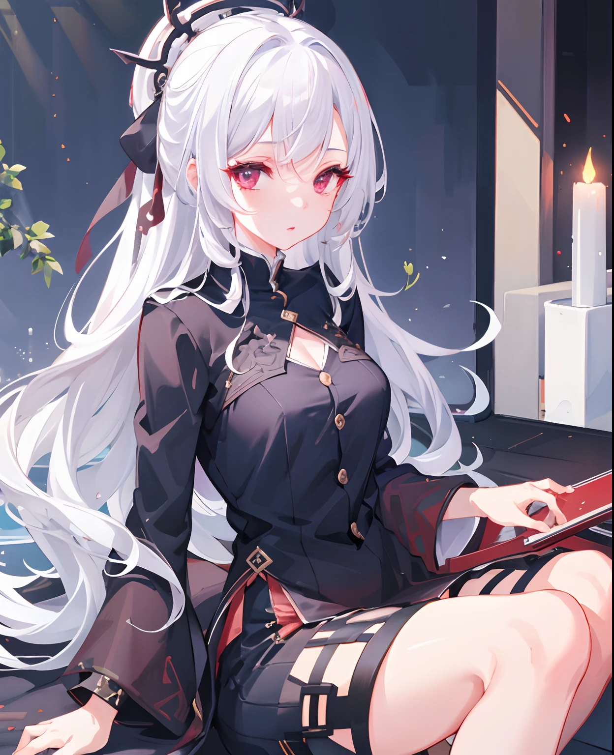 dreamy, (masterpiece), best quality, 1girl, white hair, amazing, beautiful detailed eyes, red eyes, fine details, depth of field, extremely detailed CG,