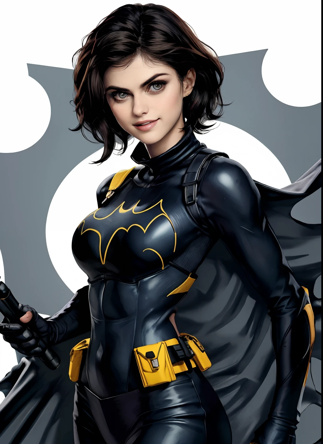 (Masterpiece artwork, best qualityer), 1girl, 独奏, Alexandra Daddario, batgirl terno, Bblack hair, eyes browns, ssmile, (((very giant breasts, gliding with the cover open))),
akihabara, of the dead, natta, from low, jumping roof, Game Center,