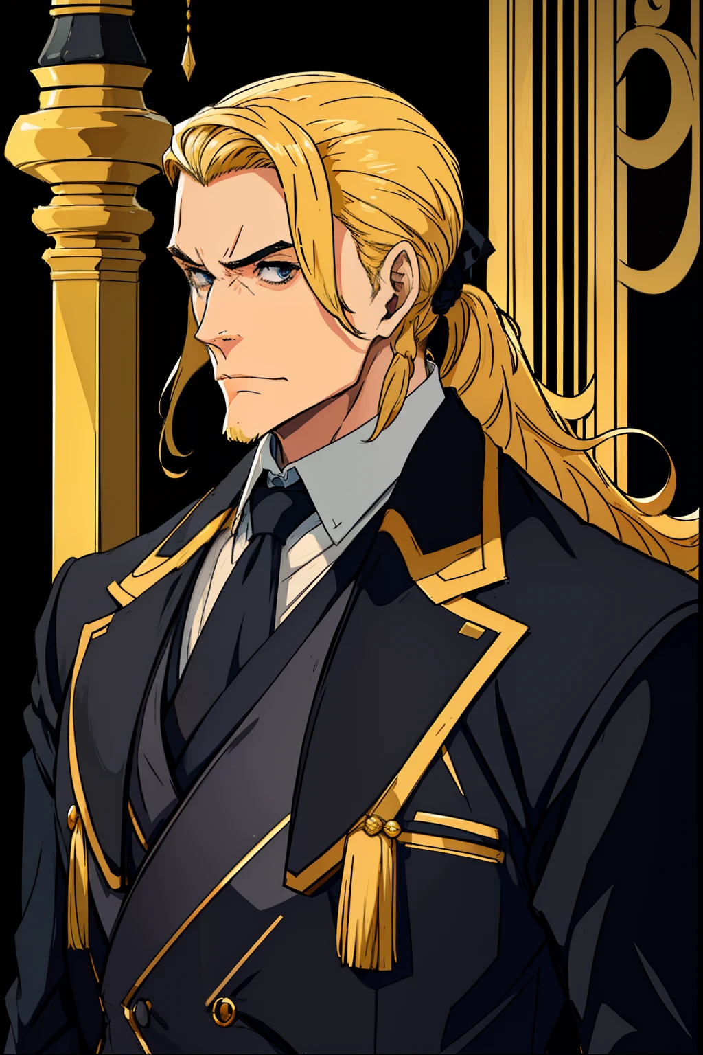 A man wearing a black suit and black tie with gold accents, white gloves yellow blond hair with long hair tied up hurt chapped face hair tied back in a samurai